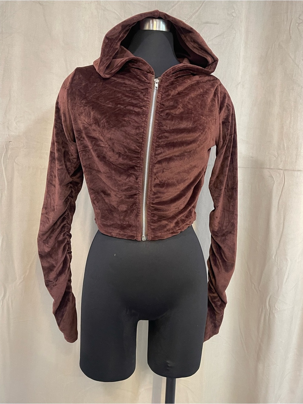 Cropped Plush Velvet Zip Hoodie - Chocolate